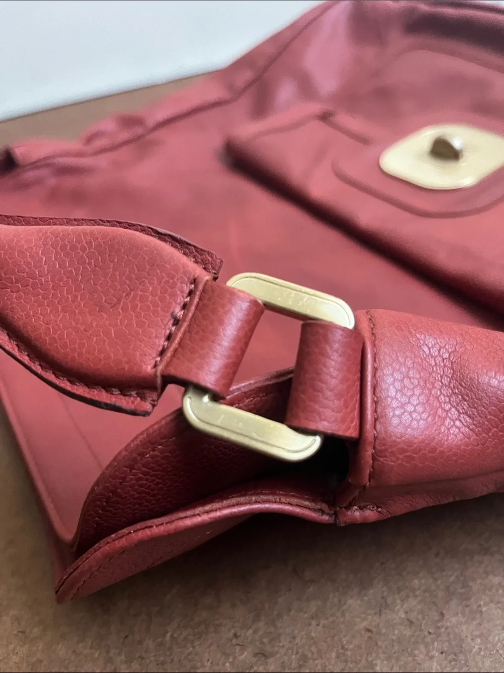Longchamp Gatsby Coral Red Leather Shoulder Bag with Gold Hardware